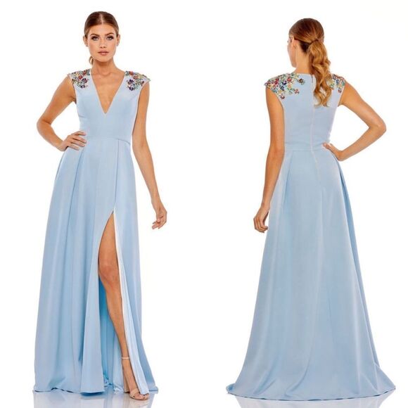 Mac Duggal NWT 26540 BEADED CAP SLEEVE V NECK A LINE GOWN in French Blue… - Picture 1 of 13
